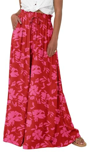 EIRUKON Pantalon Fluide Femme Large Taille Haute Chic et Elegant Pantalon Palazzo avec Poches Décontracté Couleur Unie/Imprimé Bohème Taille Elastique Baggy Pantalons de Plage