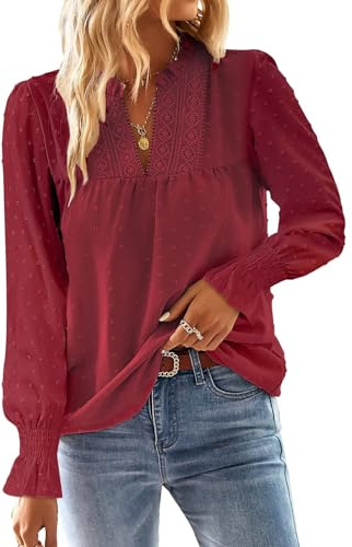 TUUHAW Camicia Donna Manica Lunga Boho Top Pizzo Elegante con Scollo a V | Bluse con Maniche a Balze Casual, Maglia Punto Svizzero Colore Puro, Abbigliamento Femmina Oversize Tshirt, Inverno Tunica