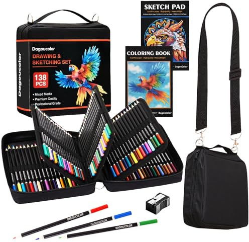 DagouColor Matita Colorate Borsa di a Spalla, 136 Matite Kit Disegno, Schizzi Set con 3-colore Sketchbook, Libro Colorare, Forniture D'arte per Artisti Principianti Professionisti Disegno Media
