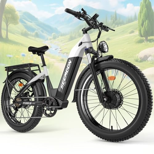 Seemoon 4000W Dual Motor Electric Bike,38MPH &105 Miles Range eBike for Adults,52V 1040Wh,26 Fat Tire Ebike,Step-Thru Electric Bicycle for Off-Road, Mountain,Commuter,7-Speed 160Nm Torque E-bike