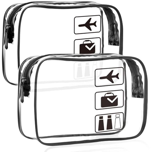 Parsuko 2 PCS Clear Travel Toiletries Bag, TSA Approved, Waterproof, Black | Cosmetic Clear Makeup Bag with Zipper, Travel Essentials, PVC, for Women and Men, Travelling and Holiday, 20cm*6cm*15cm
