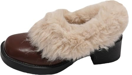RBCYC Donna Retro Pump Fluttuato Mary Jane Scarpe in pelliccia sintetica Slip On Loafer Chiuso Punta Quadrata Tacco Chunky Concerti Vestito Inverno, marrone, 35 EU