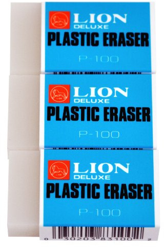 LION Translucent White Plastic Erasers, 3 EA/Pack, 1 Pack (P-100P)