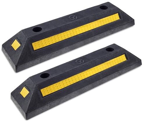 2er Gummi Parkbegrenzung,Schwerlast Parkblöcke Parkplatzbegrenzung,Schwarz Randstein Parken Ziel mit Gelb Reflektierende Streifen,Rad Halt Stopper Parkplatzsperren für Auto