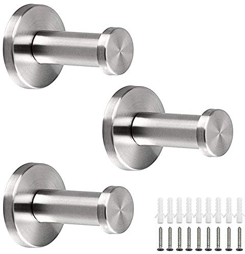 NewZC Wall-Mount Robe and Towel Hooks 3 Packs Round Stainless Steel Coat Hanger Bathroom Brushed Nickel Shower Hook Chrome Hanging Hooks for Hotel Kitchen Bedrooms Toilet Lavatory Closets Clothes Hat