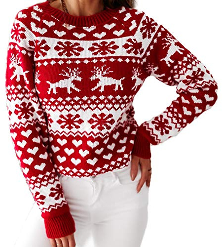 Geagodelia Pull Femme de Noël Hiver Chaud Manteau Tricoté Manches Longues Col Rond Impression de Cerfs et Flocons de Neige Rouge Élégant, rouge, S