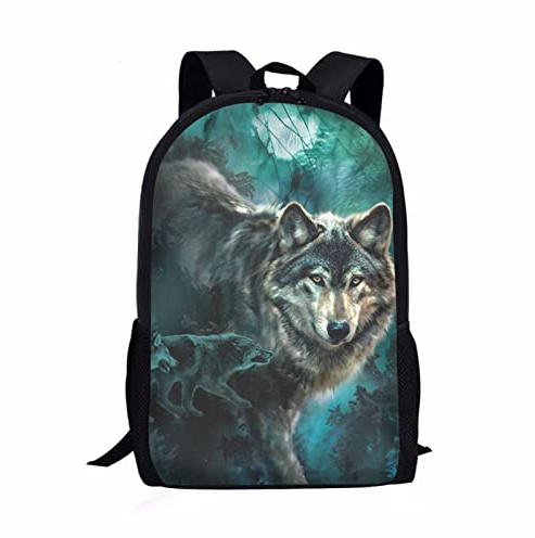 Howilath Wolf Backpack Green Forest Wolves Travel Hiking Climbing Picnic Rucksack for Adults Kids Boys, Washable Lightweight School Bag