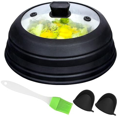 Cubierta de vidrio para microondas, cubierta de vidrio para microondas, tapa protectora plegable con mango de silicona para olla, plato, tazón, 11.8 pulgadas, color negro