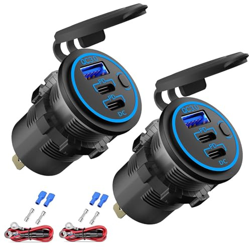 2 Pack 12V USB Outlet Wired Charger Multi Port, Dual PD3.0 USB-C and Quick Charge 3.0 Car Port Socket with Power Switch, Fast Charger for Cell Phone Tablet, Suitable for Car Boat RV Marine ATV