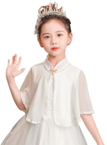 SamHeng Niñas Chal de Gasa, Vestido de Princesa Envoltura de Chal Capa Chicas de Flores Encaje Encogimiento de hombros bolero Abrigo Cabo Chaqueta para Boda Fiesta Cumpleaños Actuaciones (Blanco)