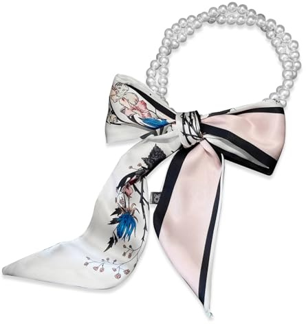 LumiSyne Sciarpa Di Seta Collana Donna Ragazze Lungo Sottile Fazzoletto Da Collo Con Collana Di Perle Fiore Stampata Motivo Righe Lettere Fazzoletto Decorativo Cravatta Copricap Fascia Per Capelli