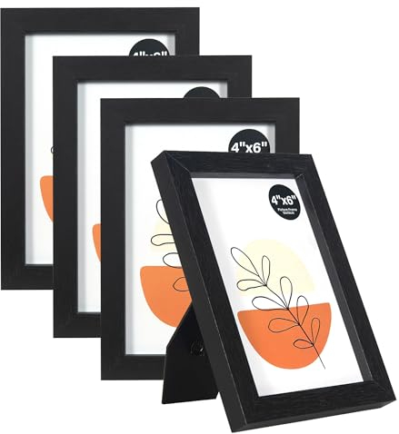 KAIWIN Bilderrahmen Schwarz 10x15cm 4er Set, Holz Fotorahmen mit Acrylglas zum aufhängen und aufstellen, MDF-Holzrahmen für Fotos, Bilder