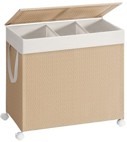 SONGMICS HOME Laundry Basket with 3 Compartments, 140 L Laundry Sorter on Wheels, Clothes Basket with Lid, Removable Liner with Handles, Natural Beige and Matte White LCB602N01