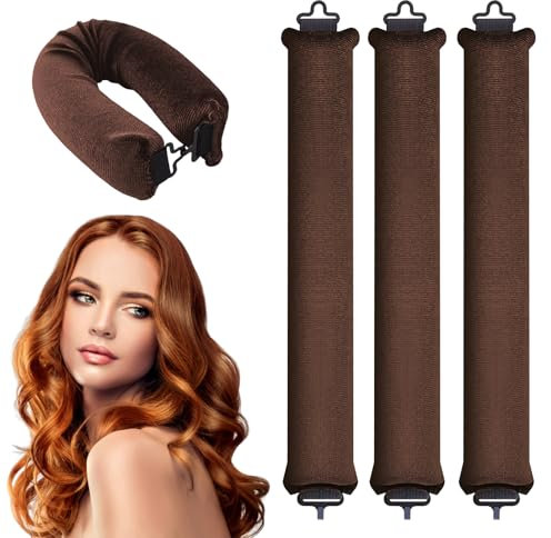 3 Stück Hitzefreie Lockenwickler,Heatless Curls Band,Neu Lockenwickler über Nacht Ohne Hitze, Flexi Stangen mit Haken,Ausschlafen DIY Haare Locken,hitzefreier Lockenstab für alle Haartypen(braun)