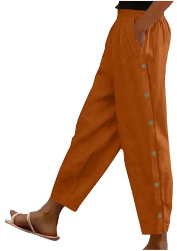 RLEHJN Cotton Linen Trousers Women UK Sale Clearance Solid Color Elasticated Waist Cropped Trousers Ladies Summer Lounge Pants Plain Casual Bottoms with Pockets and Side Button Design