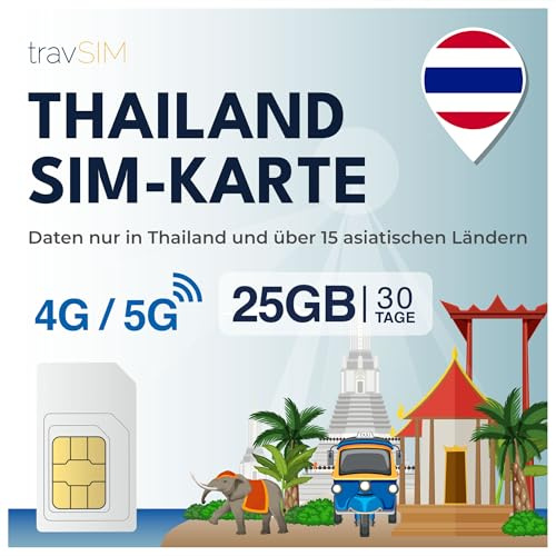 travSIM Thaïlande Carte SIM | 25GB de données Mobiles | Fonctionne sur Les appareils iOS et Android | Le Plan sur Cette Carte SIM pour la Thaïlande est valable 30 Jours