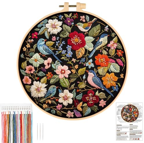 JSRQT Broderie Starter Kits avec Motif de Fleur Colibri,DIY Point de Croix Kit de Démarrage de Broderie,Embroidery Starter Kit pour Débutant