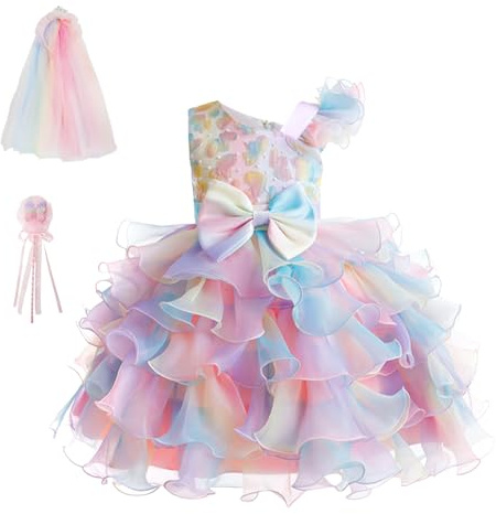 Vestido de Niña de Verano de Un Hombro,Vestido de Princesa con Volantes de Arco Iris para Boda Fiesta de Cumpleaños de Damas de Honor de Niña de Fores con Caja de Regalo,para Niños de 4 a 8 Años,130