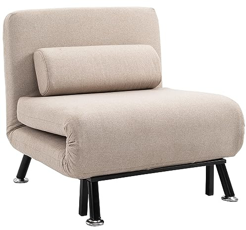 HOMCOM Sofá Cama de 1 Plaza 3 en 1 Sofá Cama Plegable Tapizado en Lino con Respaldo Ajustable de 5 Niveles y Almohada Acolchada para Oficina Dormitorio Salón 75x70x75 cm Beige