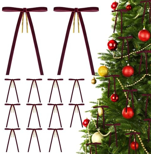KINGLAKE 24Pcs Burgundy Velvet Christmas Tree Bows with Twist Ties, 5x7 Inch Vintage Christmas Ribbon Bow Ornaments for Xmas Decor, Gift Wrapping, Wreaths, Crafts, Indoor Outdoor Home & Wedding Party