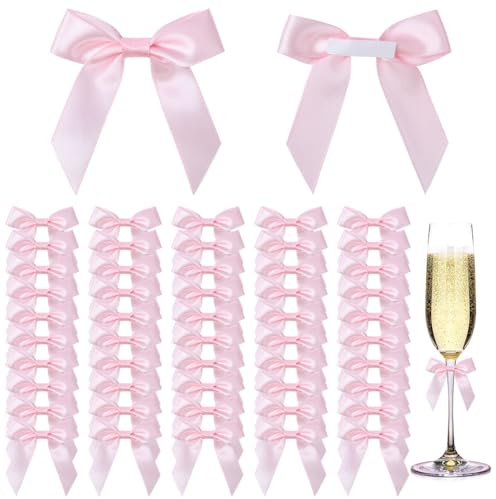 AOOSA 50 Pcs Self Adhesive Bows, 6cm Satin Ribbon Mini Bows, Pink Ribbon Bow with Sticky Backs for Gift Wrapping, Bow Decorations for Craft DIY Sewing Wedding Birthday Party Bakery Candy Bags