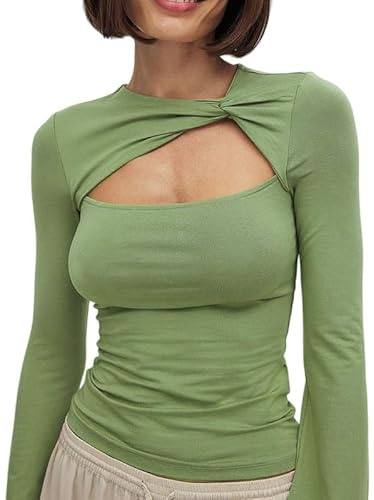 Sukiglam T-Shirts à Manches Longues Femme Chic et Elegant Cut Out T-Shirt à Manches Cloche avec Nœud Décoratif Sexy Y2K Top Slim Fit Chemisiers Basiques Haut Couleur Unie Casual Blouse Streetwear