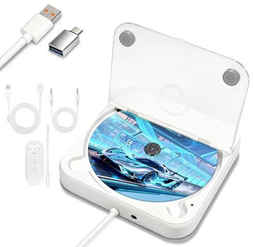 Bärbar bil CD-spelare, extern bil CD-spelare USB-plug-and-play, AUX-port, USB-förlängningskabel, personlig CD-spelare för hem/kontor/bil/bärbar dator/dator/TV (vit)