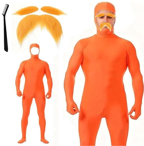 RURIZHONGTIAN Genérico Disfraz de Cuerpo Completo Naranja para Hombre y Mujer, Loraxcostume Adultos con Bigote y Cejas, Traje de Cuerpo Entero Naranja, para Carnaval, Fiesta, Halloween
