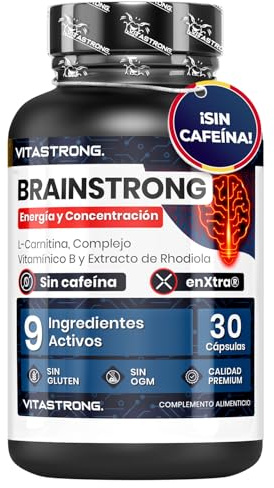 Vitastrong Brainstrong Integratore Memoria e Concentrazione, Biotina, Carnitina, Rhodiola Rosea, Vitamina B6, Niacina, Galanga, Vitamina B12 e Acido Folico, 30 Capsule Vegan Senza Glutine né Lattosio