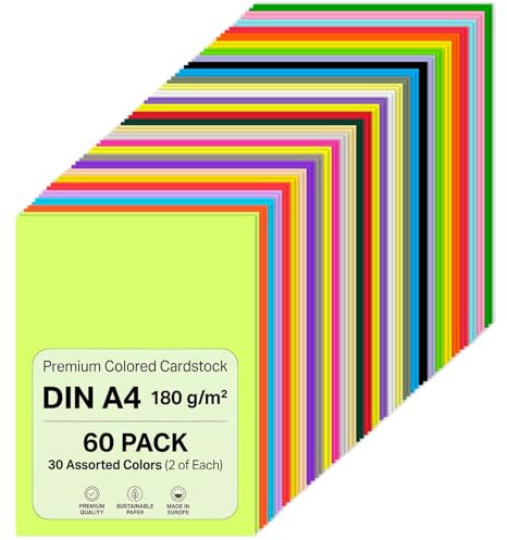 QWORK® 60 ark A4-färgat kartong 180 g/m² - 30 färger - för utskrift och ritning, för scrapbooking, kortskapande och gör-det-själv