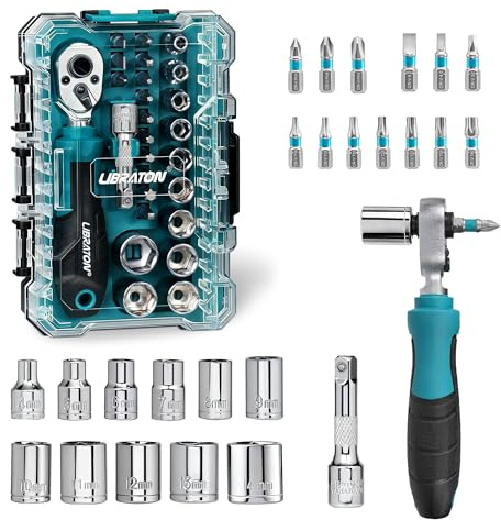 LIBRATON 26PCS 1/4 Drive Mini Socket & Ratchet Wrench Set with Bits, | 4-14mm Metric Shallow Sockets, Mini Ratchet Set, Screwdriver Bit Set, Extension Bar, with Storage Case for DIY, Auto Repair