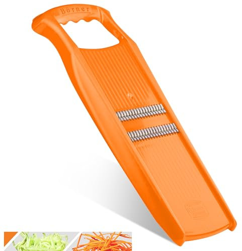 Börner Roko PowerLine Gemüseschneider • Streifenschneider für Obst & Gemüse • Julienne Schneider für feine Streifen • Gemüsehobel fein • Küchenhobel • Reibe (Orange)