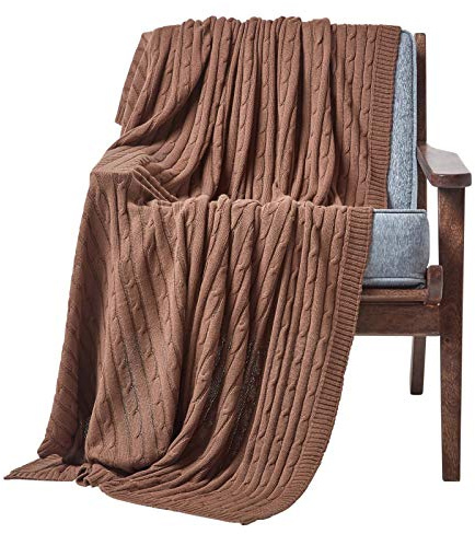 HOMESCAPES Brown Cable Knit Throw 130 x 170 cm Combed Cotton Soft and Cosy Blanket Bed and Sofa Throw For Armchairs and Single Beds