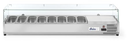 HENDI Aufsatzkühlvitrine, 4 höhenverstellbaren Füßen, Temperatur von -2 bis 8°C, Digitales Bedienfeld, elektronisches Thermostat, 9x GN 1/4, 230V, 180W, 1805x335x(H) 430mm, Edelstahl