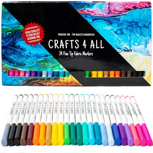 Crafts 4 ALL Fabric Pens for Clothes - Pack of 24 No Fade, Fabric Markers Permanent for Textile - No Bleed, Machine Washable Shoe Markers for Fabric Decorating - Laundry Marker, Erases Stains Easily