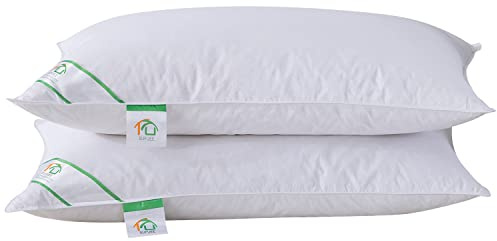 SUFUEE Par de almohadas de plumas de ganso y plumón, almohadas de lujo con funda 100% algodón, firmeza media y suave, calidad de hotel (48 x 74 cm)