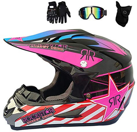 MRDEAR Motocross Casco Bambino, Nero e Rosa/ Certificazione DOT, Casco Moto Cross MTB Caschi Off Road ATV Downhill Scooter con Occhiali Maschera Guanti per Donna Uomo Adulto,XL