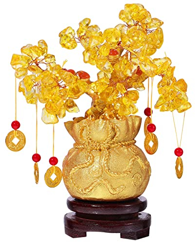 IMIKEYA Geld Baum Feng Shui Bonsai: Kristall Geldbaum Gold Feng Shui Deko -Glücksbaum 19cm Geld Baum with Glücksmünzen und Base für Reichtum Glück Hause Büro