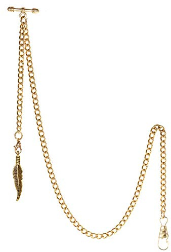 TREEWETO Men's Albert Chain Pocket Watch Curb Link Key Chain 2 Hooks with Antique Gold Leaf Pendant Design Charm Fob T Bar
