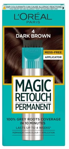 L'Oréal Paris Magic Retouch Instant Root Spray, Dark Brown 4. Delivers flawless coverage for grey regrowth in 3 sec. 75ml Dark Brown 4 shade provides a quick, easy natural-looking solution for roots.