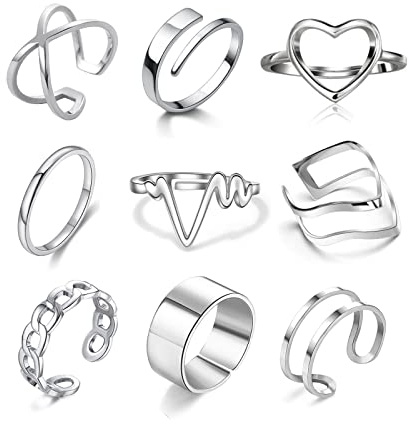 Loqimu 9 Pack Stackable Rings for Women Stainless Steel Rings Aesthetic Adjustable Silver Rings Set for Teen Simple Finger Rings Knuckle Midi Rings Size 9 8 7 10 Vintage Jewelry Rings