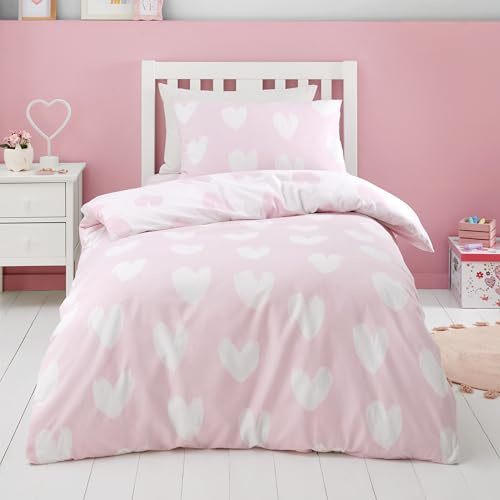 Catherine Lansfield Set copripiumino singolo reversibile con federa in cotone spazzolato, motivo: cuori, colore: rosa