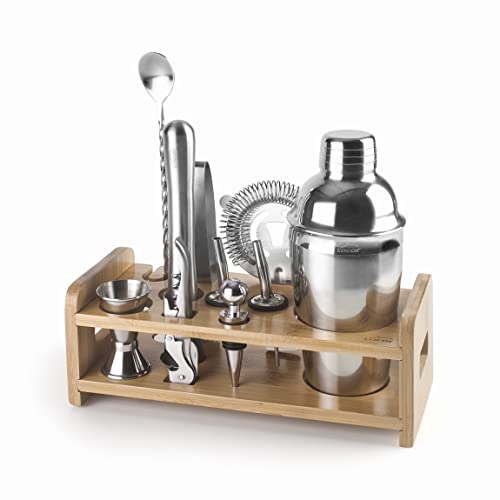 Lacor - 62181 - Kit cocktail, Shaker, Ustensiles de cocktail, Design portable, Sans BPA, Support en bambou, Pour professionnels et amateurs, Acier inoxydable 18/10, 10 pièces