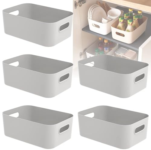 W&H 5 PCS Grey Plastic Storage Baskets with Handle, Rectangular Kitchen Organiser, Small Baskets for Storage, Plastic Boxes for Kitchen, Fridge, Cupboard, Office, School and Home - 8.2×5.5×2.7 Inch