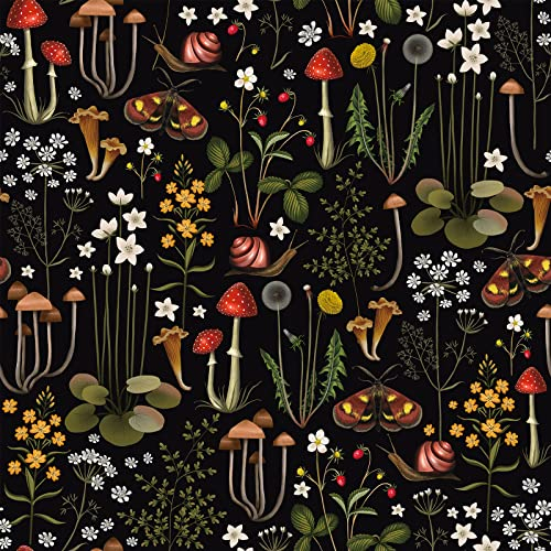 VEELIKE Papel Pintado Flores Negro 44.5cm×900cm Selva Tropical Champiñón Papel de Pared Hojas Caracol Fotomurales Decorativos Pared Dormitorio Papel Adhesivo para Muebles Cocina Papel Tapiz Baño