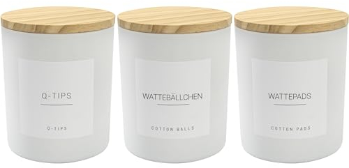 Ezebesta 3PCS 400ml Moderne Weiße Badezimmer-Kanister mit 12 Etiketten Hölzerner Deckel Dickes Glasgefäß Set Wattestäbchenhalter für Wattebausch Wattepads