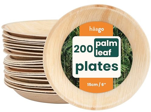 HAAGO 200 Round Eco-Friendly Palm Leaf Plates - Disposable & Compostable like Wooden & Bamboo Starter, Dessert & Side Plates for Hot & Cold Food, Microwave & Freezer Safe - 15cm/6 Biodegradable Plate