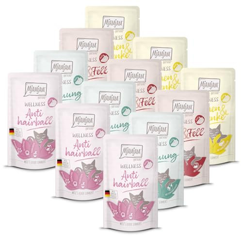MjAMjAM – Premium Nassfutter für Katzen - Wellness Wohlfühlpaket Rind, 12er Pack (12 x 125g), getreidefrei mit extra Fleisch