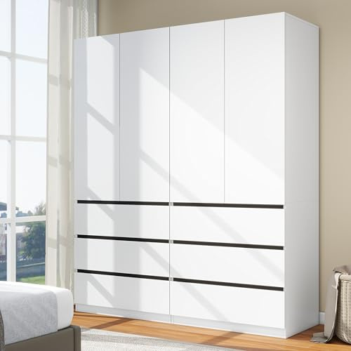 LABROSKIA Bedroom Armoire Wardrobe Closet with 6 Drawers: White Wardrobe Closet with 4 Doors, Modern Cabinet for Clothes with Shelves, Wooden Armoire for Hanging Clothes (Modern, 2)