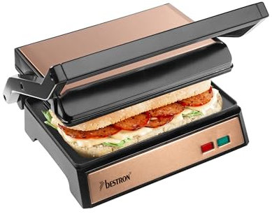 Bestron elektrischer Kontaktgrill mit Auffangschale, Sandwichmaker mit Cool-Touch-Handgriff & 180° Öffnung, Paninimaker mit Antihaftbeschichtung, Einsteigermodell, Copper Collection, Farbe: Kupfer
